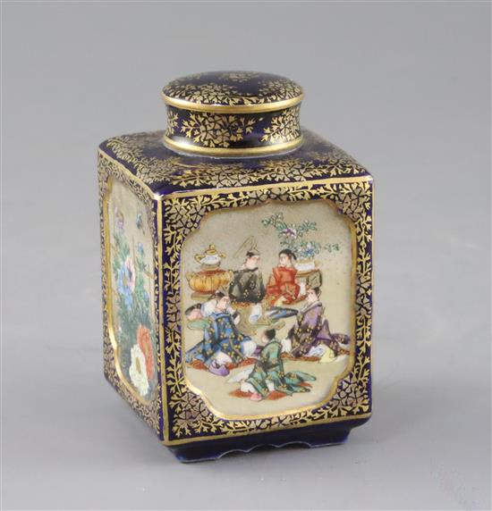 A Japanese Satsuma pottery square tea caddy and cover, by Kinkozan, Meiji period, H.9cm